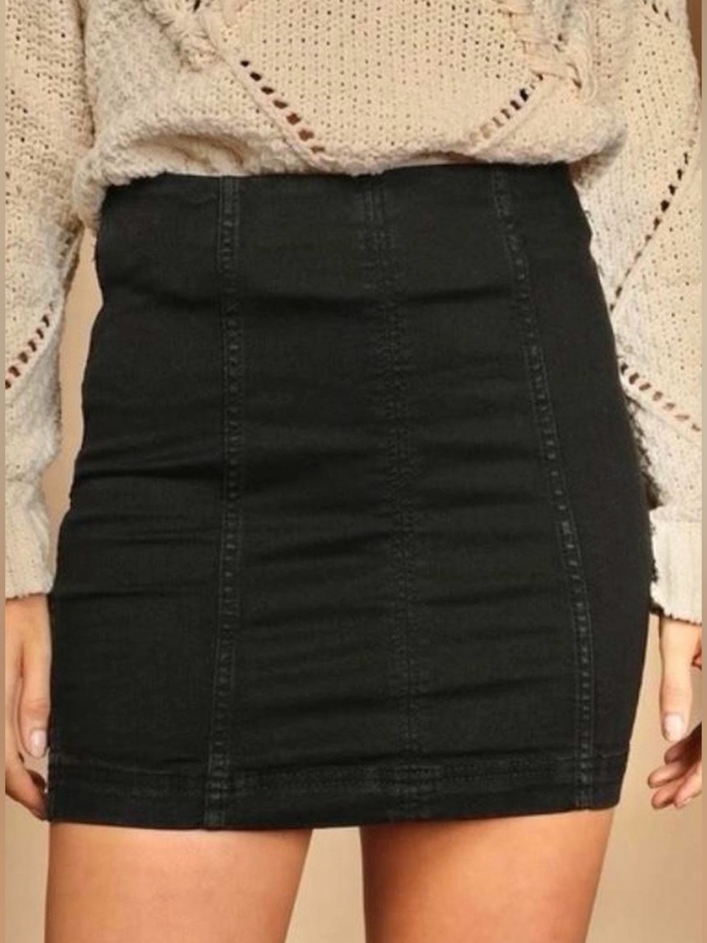 Free People Black Stretch Denim Mini Skirt Size 2 Zip Back Bodycon